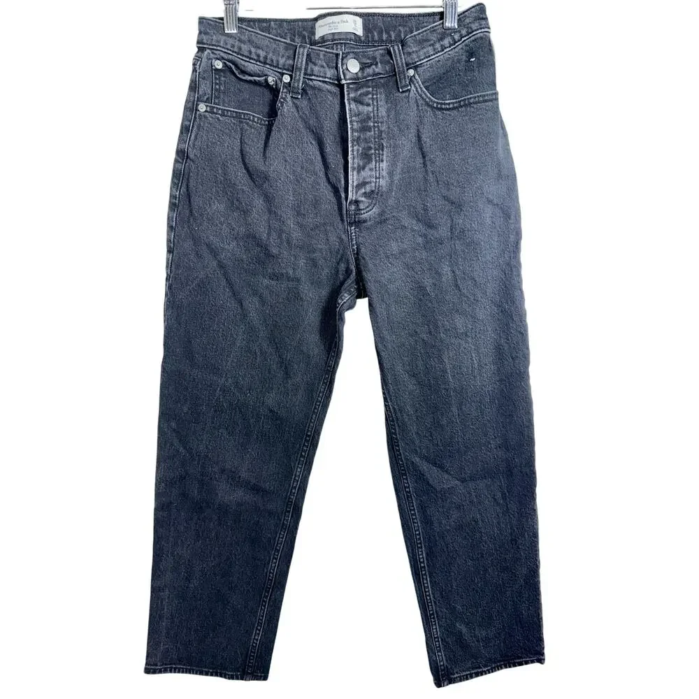 Abercrombie & Fitch Dad High Rise Black Denim Relaxed Straight Leg Jeans Sz 28 6